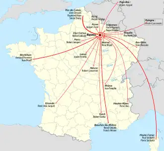 Carte de France des lieux d'origine des joueurs.
