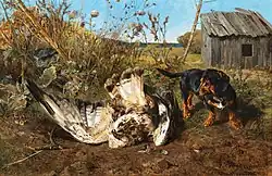 Peinture réaliste représentant au premier plan un chien basset et le cadavre d'un oiseau, à l’arrière plan une cabane rudimentaire de planches vermoulues, dans un cadre champêtre avec ciel bleu pâle sans nuages.