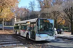 Photographie en couleurs d'un bus circulant sur une route en ville.