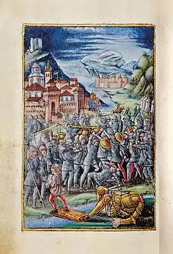 Enluminure : en arrière plan, deux armées se combattent ; devant, gît un corps décapité