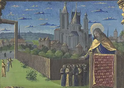 Représentation de la cathédrale Saint-Étienne de Bourges au XVe&nbsp;siècle, détail d'une enluminure ornant les Heures de Louis de Laval, fo&nbsp;265&nbsp;ro, Paris, BNF, vers 1469-1485.