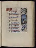 Décembre : Saignée du cochon (enluminure marginale, fol.12r).