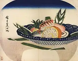 Uchiwa-e de Hiroshige présentant une assiette de sushi.