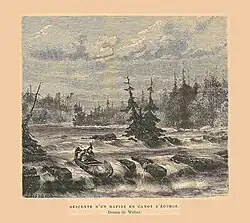 L’expédition progresse aussi en franchissant en canot d’écorce de nombreux rapides sur la rivière Outaouais.