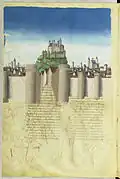Siège de Troie : miniature extraite de l'Histoire de la destruction de Troye la grand, vers 1493-1500, enluminure sur parchemin, Nouv. Acqu. Fr. 24920, folio 41 verso (BNF).