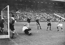 India scoring their third goal against Britain at the 1948 final