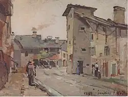 Tableau représentant l'intérieur du village de Samoëns. Il représente le virage d'une route, les maisons grises l'entourant et quelques silhouettes d'habitants devant elles.