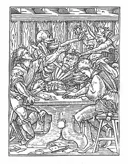 Gravure en noir et blanc. Trois hommes jouent à une table, celui du milieu est emporté par un squelette et un démon.