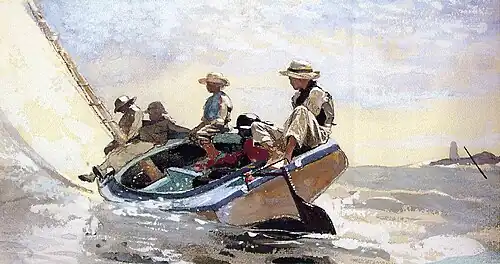 Sailing the catboat, vers 1873-1875, aquarelle et gouache sur graphite sur papier, Collection particulière.