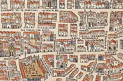 Hôpital Sainte-Catherine, à l'angle des actuels 20 rue Saint-Denis et 33 bis rue des Lombards (plan de Braun et Hogenberg, vers 1530).