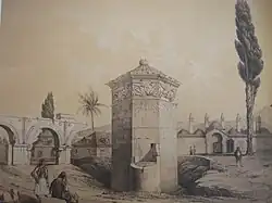 Vue du XVIIe&nbsp;siècle, plein sud, avec le réservoir et un des huit cadrans solaires.