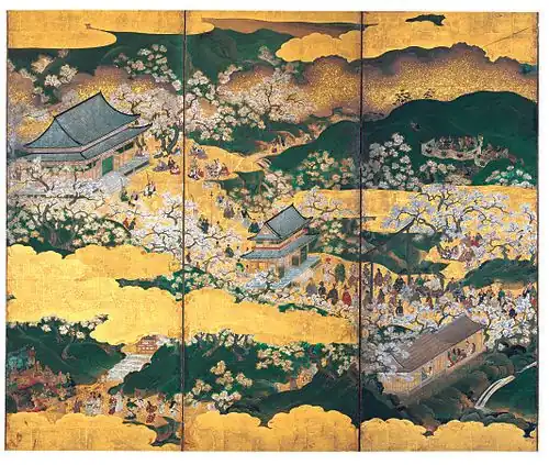 Paravent: paysage avec arbres en fleurs à Yoshino, artiste inconnu