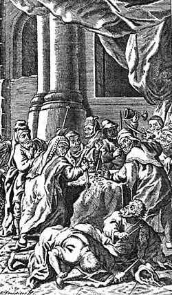 Scène de la légende du Sacrement miraculeux, tapisserie à la cathédrale des Saints-Michel-et-Gudule de Bruxelles.