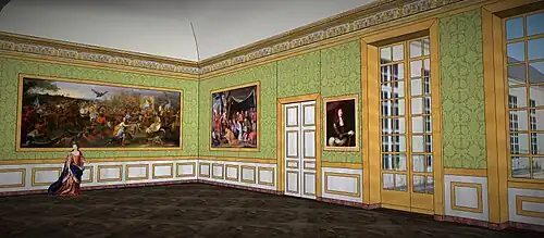 Evocation de la grande salle du premier étage de l'Hôtel de Créquy, vers 1685, avec les grands tableaux de Le Brun (d'après le Mercure Galant, 1683)