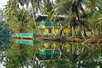 Une maison au bord d'un canal, sur Munroe Island. La population est concentrée le long du littoral.