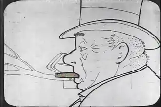 Haut du corps d'un homme coiffé d'un haut-de-forme et fumant un cigare