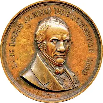 Avers de la médaille à l'effigie de Louis Jamme, bourgmestre de Liège, 1850 (Inv. musée de la Vie wallonne no MVW-5017285 ; diamètre 5,8 cm), Liège, musée de la Vie wallonne.