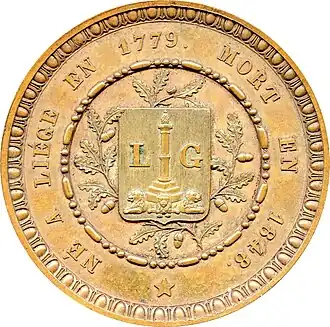 Revers de la médaille à l'effigie de Louis Jamme, bourgmestre de Liège, 1850 (Inv. musée de la Vie wallonne no MVW-5017285 ; diamètre 5,8 cm), Liège, musée de la Vie wallonne.