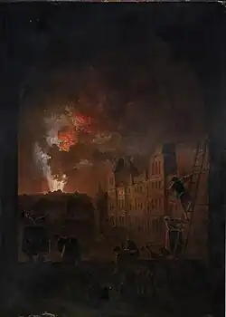 Hubert Robert - L'incendie de l'Opéra : vue d'une croisée de l'Académie de peinture, place du Louvre - 1781 - huile sur toile -  123,5&nbsp;×&nbsp;171&nbsp;cm - Private collection