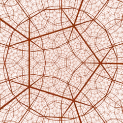 réseau en perspective de tubes courbés rouge sombre sur fond beige.