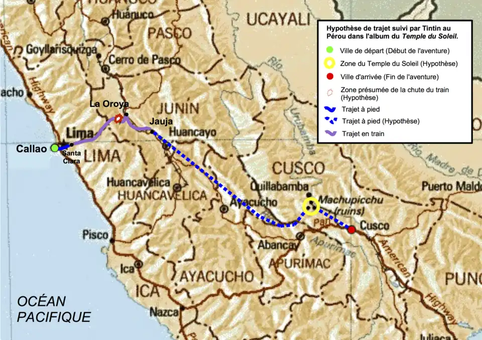 Carte du Pérou dans laquelle un chemin est tracé selon un code couleur (« réalisé à pied » et « réalisé en train »)