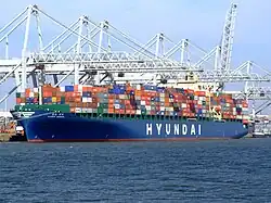 Le porte-conteneurs Hyundai Bankok (303 × 40 m, 6&nbsp;800&nbsp;EVP) à quai du terminal conteneur sur l’Amazonehaven en 2007.