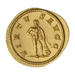 pièce en or, homme nu debout tenant une massue