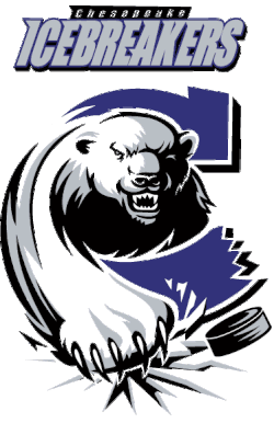 Sortant d’un C violet stylisé, un ours blanc menaçant frappe avec violence un palet de hockey avec sa patte, qui termine le C