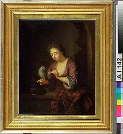 Femme nourrissant un perroquet (d'après Arnold Boonen), 1859-1861, Finlande, musée d'art Ateneum,.