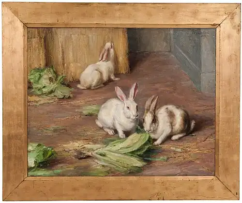 peinture représentant trois lapins (deux de face, un de dos) mangeant de la salade