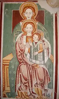 Peinture murale avec le groupe Anne, Vierge et Jésus. Jésus fait un geste de bénédiction.