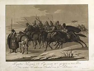 Arrivée des premiers cosaques devant Berlin le 20 février 1813, gravure de Fügel légendée en russe et allemand, v. 1813.