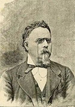 Gravure représentant un visage masculin au sourcils froncés, portant un lorgnon