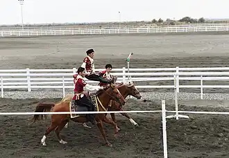 Photographie de cavaliers voltigeurs en ligne au galop dans l'Agdam