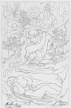 dessin au trait représentant une scène onirique où un homme avec une tonsure et une jeune femme s'embrassent