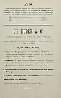 Publicité de la société de Charles Huber, 1877.