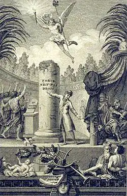 Un homme indique la maxime gravée sur une colonne. Le peuple acclame, deux puissants désapprouvent.