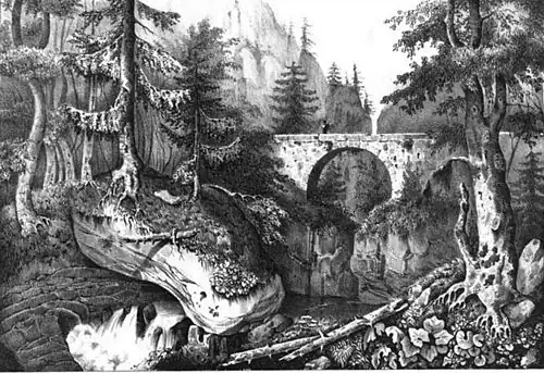 Le Pont Peirant, sur la route de la Grande Chartreuse, au XIXe&nbsp;siècle - Alexandre Debelle (Album du Dauphiné).