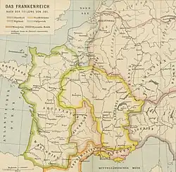 Le royaume de Bourgogne au VIe siècle sous les mérovingiens (entouré en jaune)