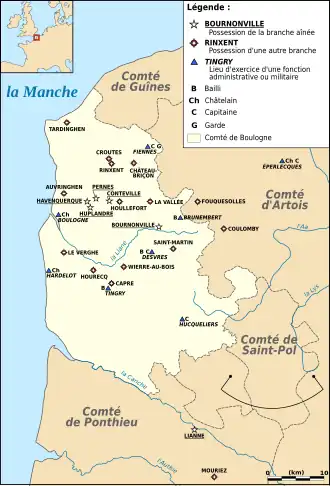 Carte montrant les possessions et lieux de fonction de la famille de Bournonville en Boulonnais.