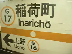 panneau blanc vu de trois quarts, lignes oranges, textes en noir (kanji au-dessus des rōmaji)