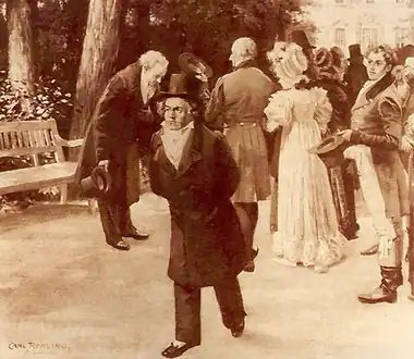 Goethe s’incline devant la famille impériale mais pas Beethoven qui passe son chemin. C'est l’incident de Teplitz en juillet 1812 par Carl Rohling (1887).