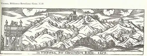 Gravure de Cristoforo Rosio, 1653 , avec l'arc de la Scalette, le Monte Berico, l'église et l'apparition de la Madone.
