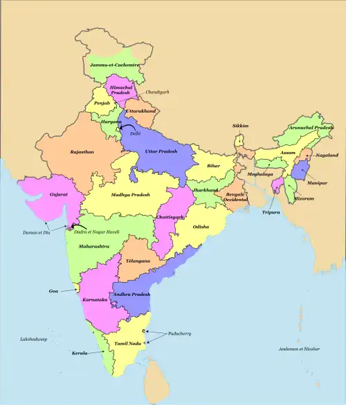 Les États indiens, avant la dissolution de l'État du Jammu-et-Cachemire.