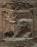 3B: Le Bouddha soumettant l'éléphant Nalagiri (miracle de l'éléphant furieux à Rajagriha).