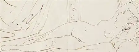 Ingres, dessin de mémoire représentant La Dormeuse de Naples figurant au verso d'une lettre adressée à Caroline Murat en 1832 (Bibliothèque nationale, département des manuscrits).