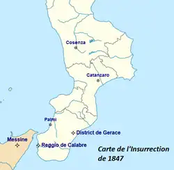 Carte représentant la pointe sud de l'Italie avec l'ouest de la Sicile sur laquelle sont placées les villes de Cosenza, Catanzaro, Palmi, Reggio de Calabre, Messine ainsi que le district de Gerace