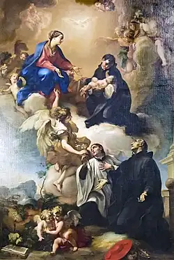 La Vierge, et les jésuites : Saints Stanislas Kostka, Louis de Gonzague et François Borgia