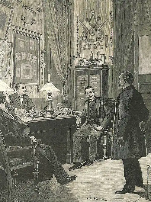 Aveux d'Anastay, par Frédéric de Haenen. De gauche à droite : le juge d'instruction Poncet, le commissaire Goron, Anastay, et le député Gévelot (L'Illustration, 2 janvier 1892).