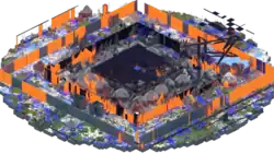 An aerial render of 2b2t's spawn region as of June 2019, displaying severe amounts of destruction and modification carried out to the terrain